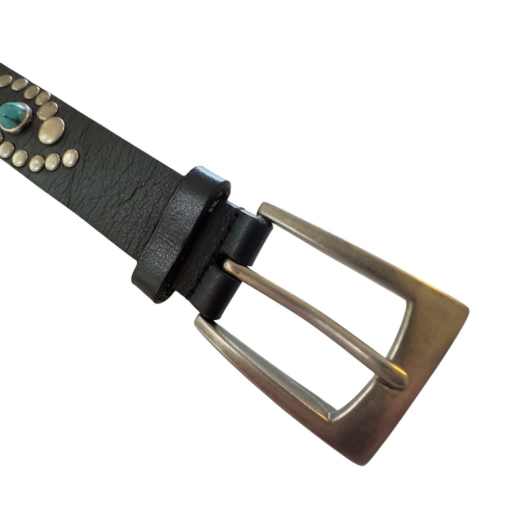 Steve Madden Black Leather silver Studded Turquoise Gem Southwest Belt Womens - Picture 3 of 5